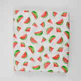 White, Green + Red Watermelon Print Lightweight Woven Fabric with Black + White Stripe Panels - 82" x 114"