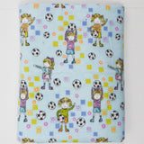 Light Blue, Green, Pink + White Soccer Player Print Flannel Woven Fabric - 40" x 45"