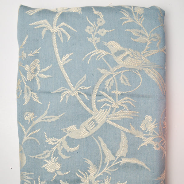 Light Blue + Cream Bird Woven Jacquard Upholstery Fabric - 60" x 104"