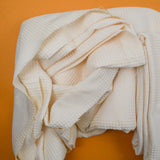 White Waffle Weave + Floral Motif Textured Damask Woven Fabric - 53" x 192" - Some Staining