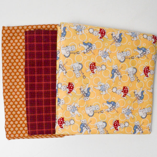 Yellow + Red Musical Cats + Patterned Woven Fabric Bundle