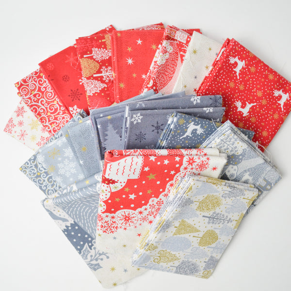 Red, Gray, Silver + Gold Christmas/Winter Quilting Cotton Bundle