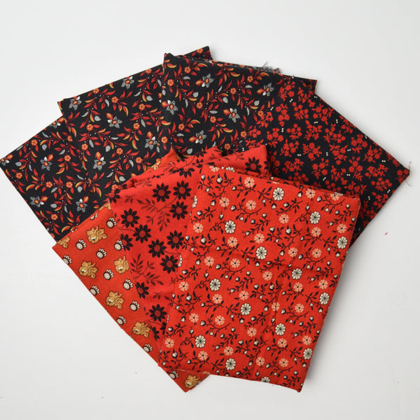 Red + Black Floral Print Quilting Weight Woven Fabric Bundle