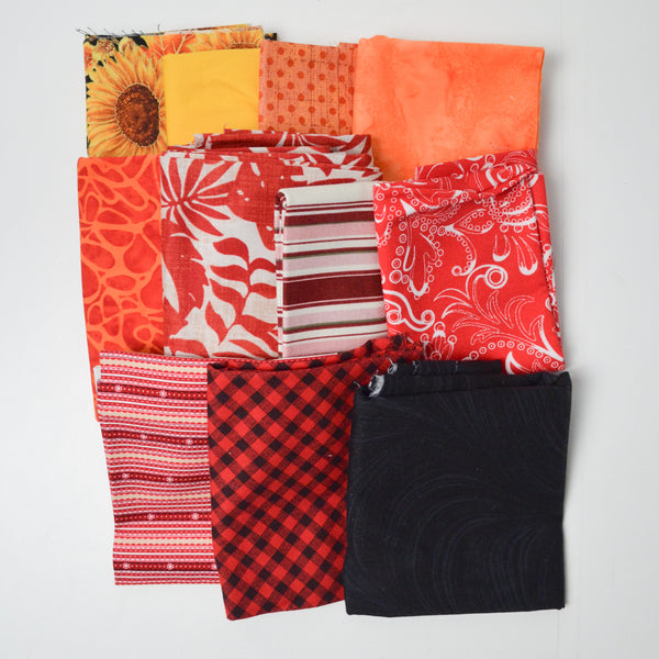 Red, Black + Orange Patterned Quilting Weight Woven Fabric Bundle
