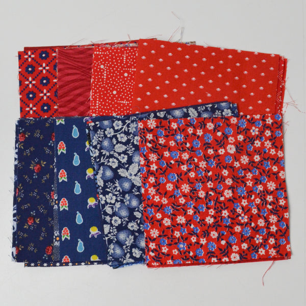 Red, Blue + White Floral + Paw Print Cut Quilting Weight Fabric Bundle - 5" Squares