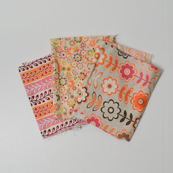 Orange, Gray + Pink Floral Print Quilting Weight Woven Fabric Bundle