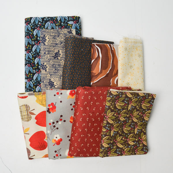 Gray, Blue + Muted Red Print Quilting Weight Woven Fabric Bundle