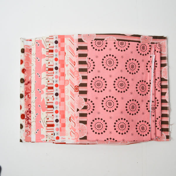 Pink, Brown + White Geometric Print Quilting Weight Woven Fabric Bundle - Half + One-Yard Pieces