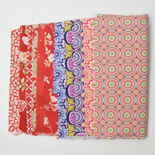 Red, White + Multi Geometric Floral Print Woven Fabric Bundle
