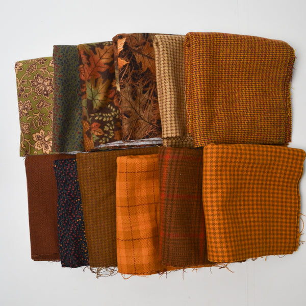 Orange + Brown Plaid + Nature Print Brushed Flannel + Woven Fabric Bundle