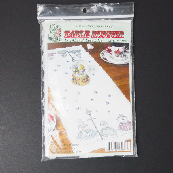 Fairway Needlecraft Co. Lace Edge Snowman Table Runner, Stamped for Cross Stitch Embroidery