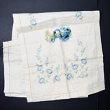 Blue Floral Linen Table Runner, Stamped for Embroidery - Half Complete