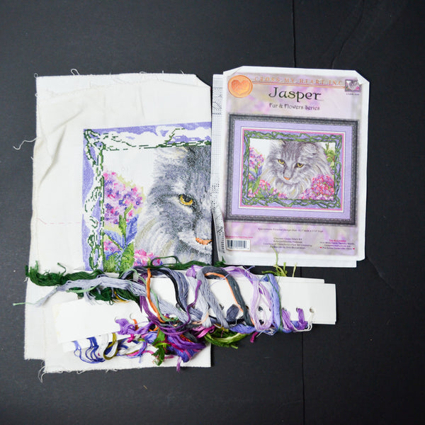 Gray Cat "Jasper" Fur + Flowers Series Cross Stitch Kit - Mostly Worked