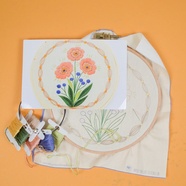 Cozy Blue Pink Floral Embroidery Kit - Started