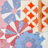 Pink, White + Blue Quilt Blocks + Fabric - English Paper Pieced Hexagons, Dresden Plate + Cathedral Window Blocks