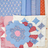 Pink, White + Blue Quilt Blocks + Fabric - English Paper Pieced Hexagons, Dresden Plate + Cathedral Window Blocks