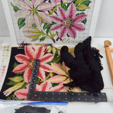 Black, Pink + Green Clematis Flower Elizabeth Bradley Victorian Cross Stitch Project with Scroll Frame + Pattern - Partially Completed