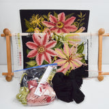 Black, Pink + Green Clematis Flower Elizabeth Bradley Victorian Cross Stitch Project with Scroll Frame + Pattern - Partially Completed