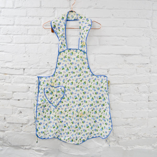 Blue Vintage Floral Apron with Heart Pocket - Stained