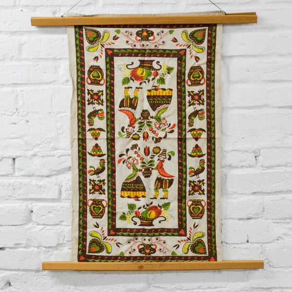 Brown + Green Folk Art Print Linen Tea Towel
