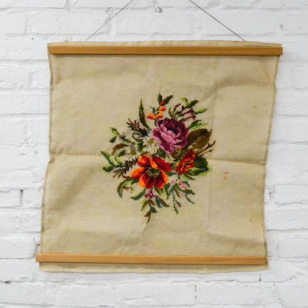Floral Tramme Needlepoint Canvas Panel, Partially Stitched