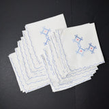 Blue + Pink Geometric Embroidered Napkins, 15" x 15" - Set of 12