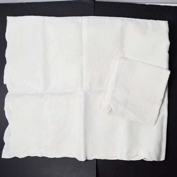 Whitework Applique + Drawn Thread Embroidery Tablecloth + Napkins