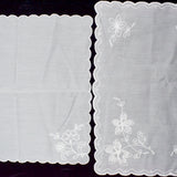 White Embroidered Scalloped Edge Linens, Two Sets of 4 - 13" x 19" + 16" x 16"