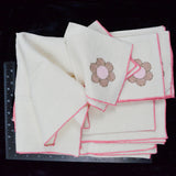 White, Pink + Brown Flower Embroidered Napkins