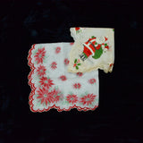 Vintage White + Red Christmas Flocked + Printed Handkerchiefs - Set of 2
