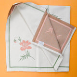 Off-White, Pink, Green + Brown Floral Ekelund Jacquard Woven Tablecloth - 32" x 32"