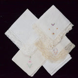 Vintage White Embroidered Handkerchiefs with Lace Trim - Set of 5