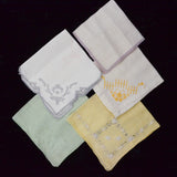 Vintage White, Yellow + Green Embroidered Handkerchiefs - Set of 5