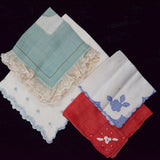 Vintage Red, White + Blue Embroidered + Applique Handkerchiefs - Set of 4
