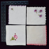 Vintage White, Pink + Purple Embroidered Handkerchiefs - Set of 4