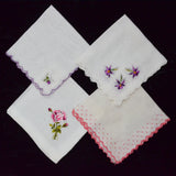 Vintage White, Pink + Purple Embroidered Handkerchiefs - Set of 4