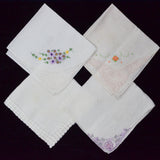 Vintage White + Colorful Embroidered Handkerchiefs - Set of 4
