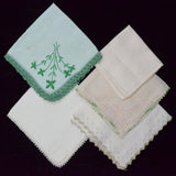 Vintage White + Green Embroidered Handkerchiefs - Set of 5