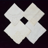 Vintage White Filet Lace + Openwork Handkerchiefs - Set of 4