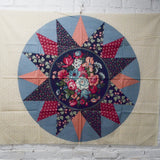 Blue, White + Red Floral Cheater Quilt Block Print Fabric Panel - 38" x 45"