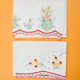 Red, Yellow + Green Floral Embroidered Vintage Pillowcases, 21" x 30" - Set of 2