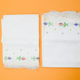 White, Green, Pink + Purple Floral Cross Stitched Vintage Pillowcases, 21" x 31" - Set of 2 (Some Stains)