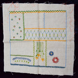 Beige, Green + Yellow Garden Embroidered Fabric Sampler Panel - 15" x 15"