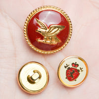 Gold + Red Enamel Eagle & Coat of Arms Metal Shank Buttons - Set of 7