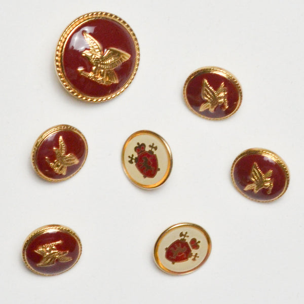 Gold + Red Enamel Eagle & Coat of Arms Metal Shank Buttons - Set of 7