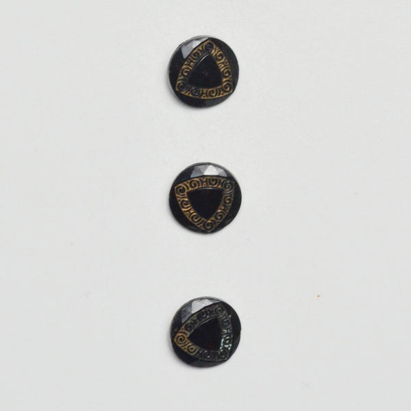 Black Glass + Gold Carved Triangle Shank Buttons - Set of 3