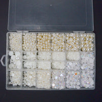 White + Ivory Flat Back Plastic Pearl Embellishments, Buttons + Iridescent Rhinestones in Compartment Container