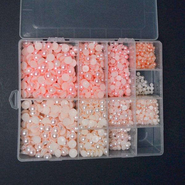 Pink Flat Back Plastic Pearl Embellishments in Compartment Container