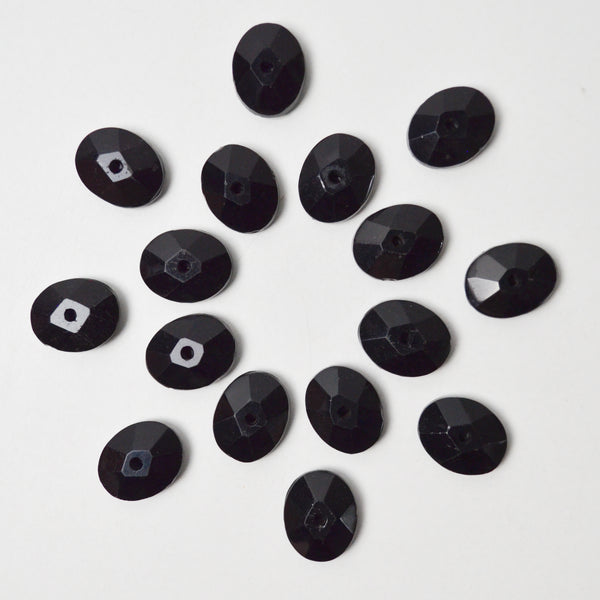 Faceted Oval Black Glass Buttons - Set of 16
