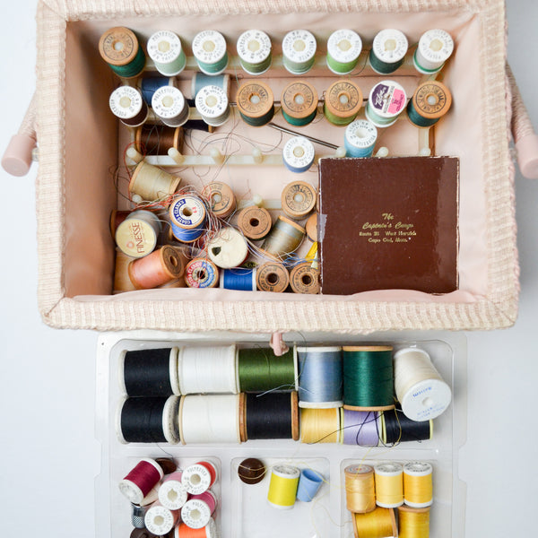 Sewing Supplies in Padded Floral Sewing Box